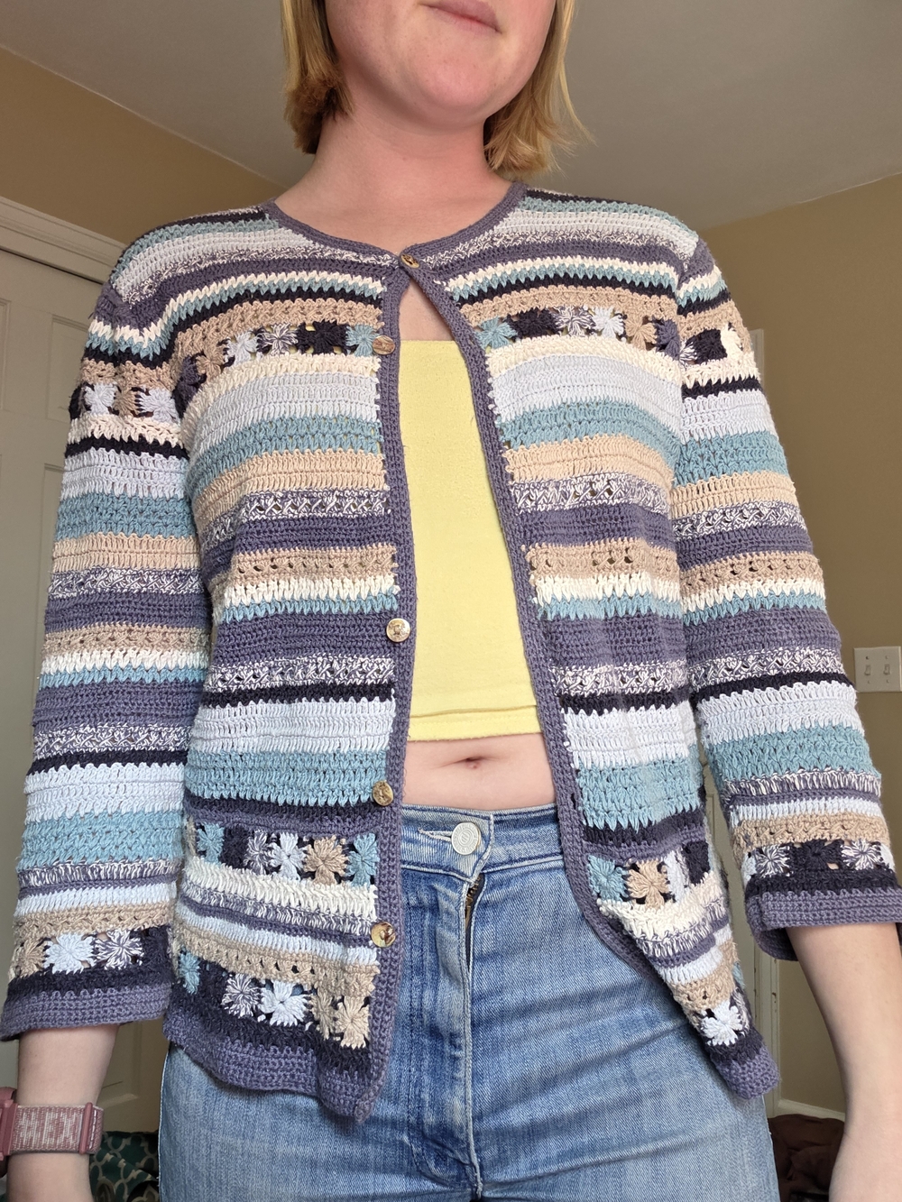Striped Crochet Button-Front Women's Sweater - Blue, Cream, Tan